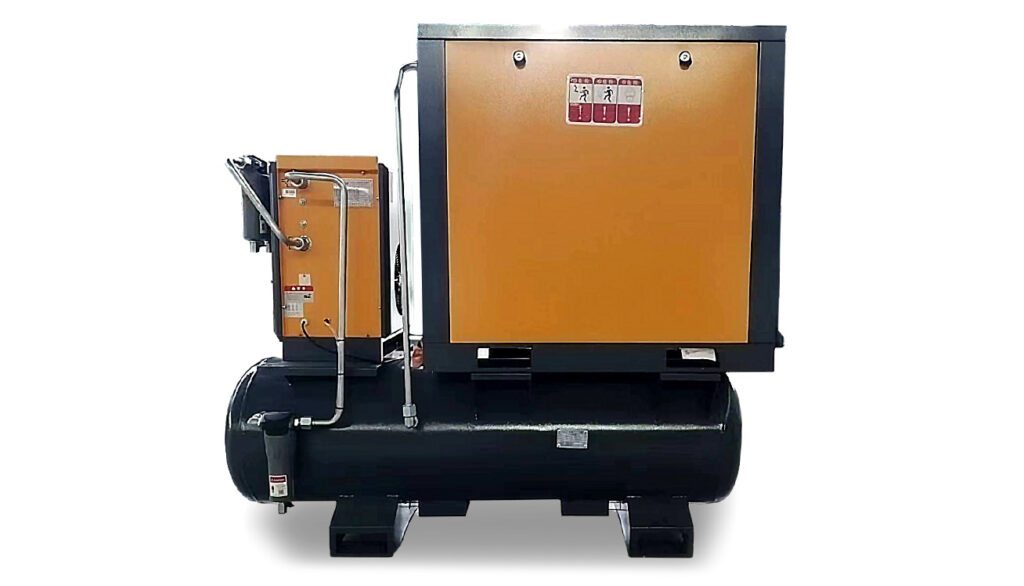 ompresor jest zamontowany na dużym, poziomym zbiorniku powietrza, który jest w kolorze czarnym. Obudowa kompresora jest w kolorze żółtym z szarymi akcentami, co nadaje mu nowoczesny wygląd. Widoczne są również rury i przewody, które łączą różne elementy urządzenia.