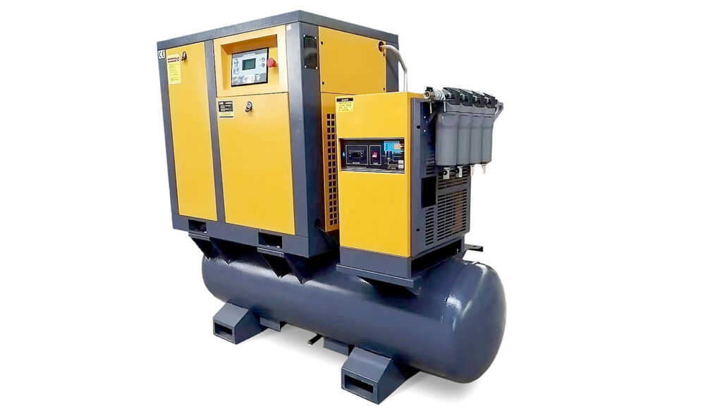 Przemysłowy kompresor powietrza, który jest zaawansowanym urządzeniem wykorzystywanym w różnych aplikacjach przemysłowych. Kompresor ma solidną konstrukcję i nowoczesny design.