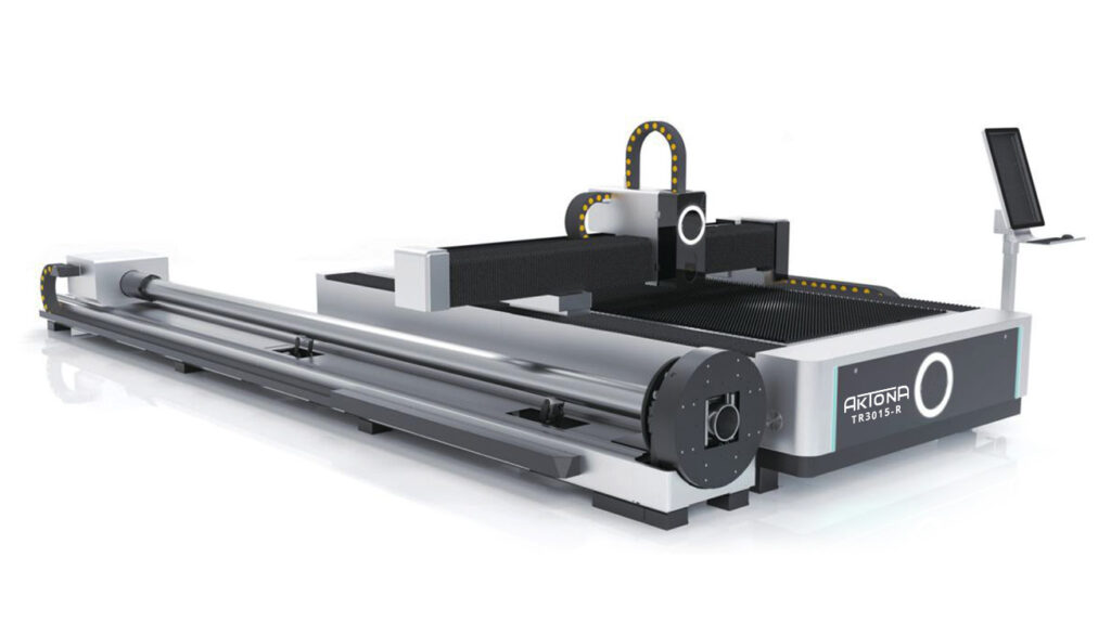 AKTONA TR3015-R Laser fiber z dostawką do cięcia profili z czarnymi i srebrnymi akcentami. Umożliwia precyzyjne cięcie profili zamkniętych okrągłych oraz kwadratowych.